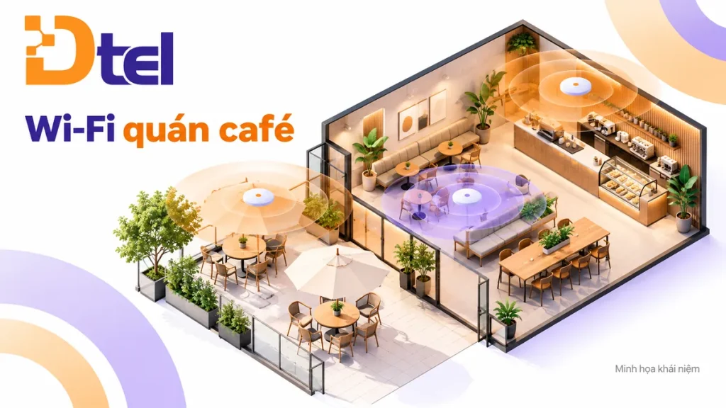 Minh họa khái niệm: Lắp Wi-Fi quán café: khảo sát vị trí Access Point và kiểm tra tại từng khu bàn