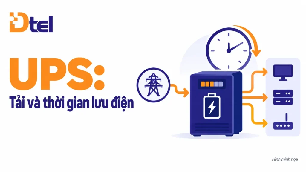 Chọn UPS cho tủ mạng sự kiện: tính tải và xác nhận thời gian lưu điện — hình minh họa khái niệm DTEL